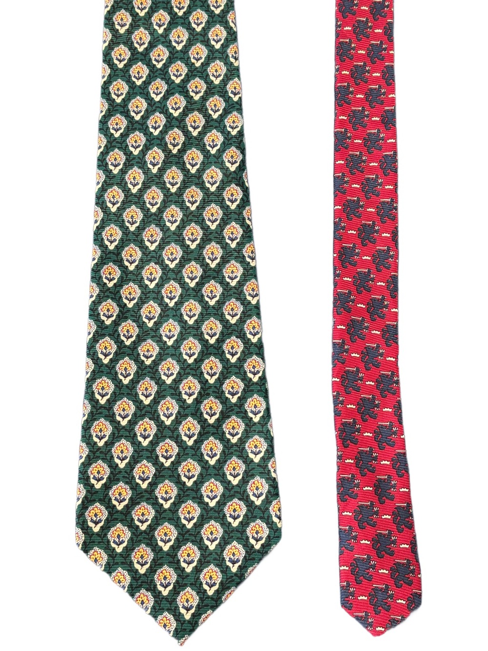 TOMMY HILFIGER Green and Red Tie with Flower and Crest Pattern Silk Tie